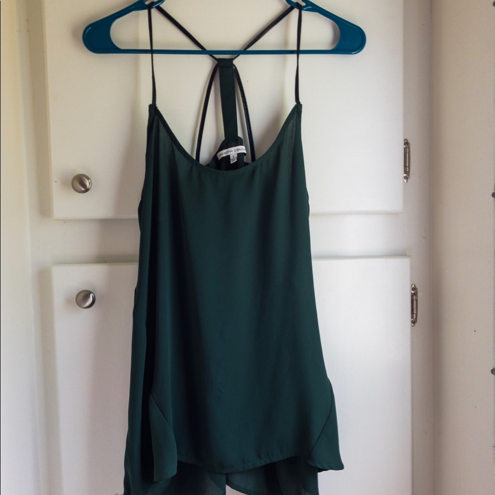 Sheer forest green tank w faux black leather strap